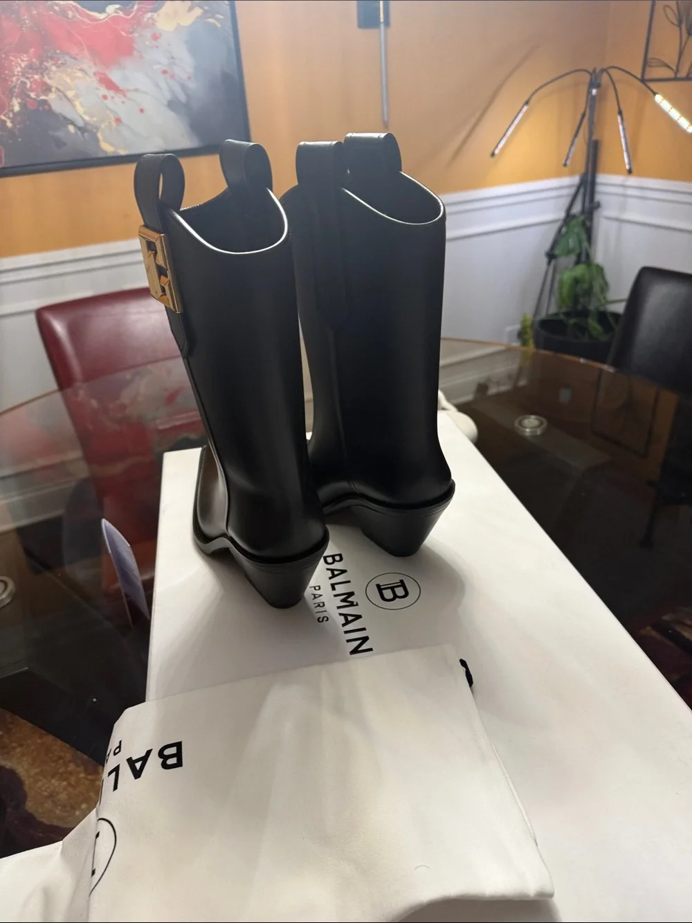 Balmain Black Leather Western Ankle Boots with Gold Logo Plaque
